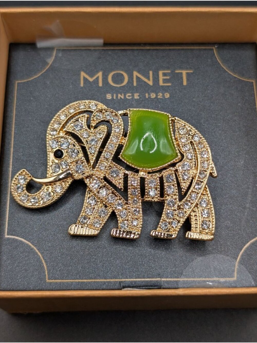 Vintage Monet "Majestic Elephant" Brooch Pin 2" Green MCM Costume Jewelry